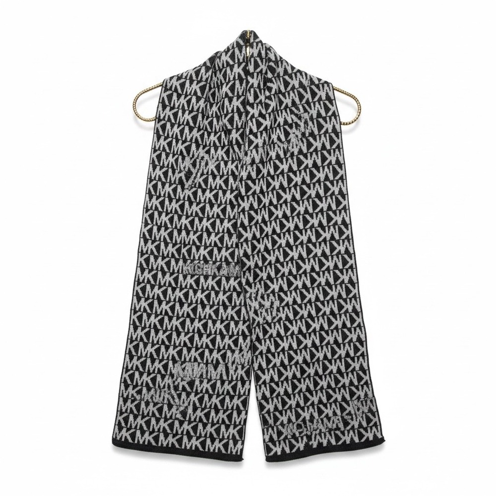 Michael Kors Monogram Logo Knit Scarf Black Grey Signature Print Preppy Luxery